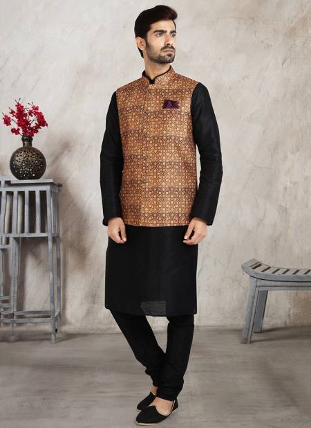 Beige Festive Wear Jacquard Banarasi Silk Digital Print Kurta Pajama With Jacket Mens Collection 1220